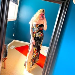 Strapless black floral dress with slit